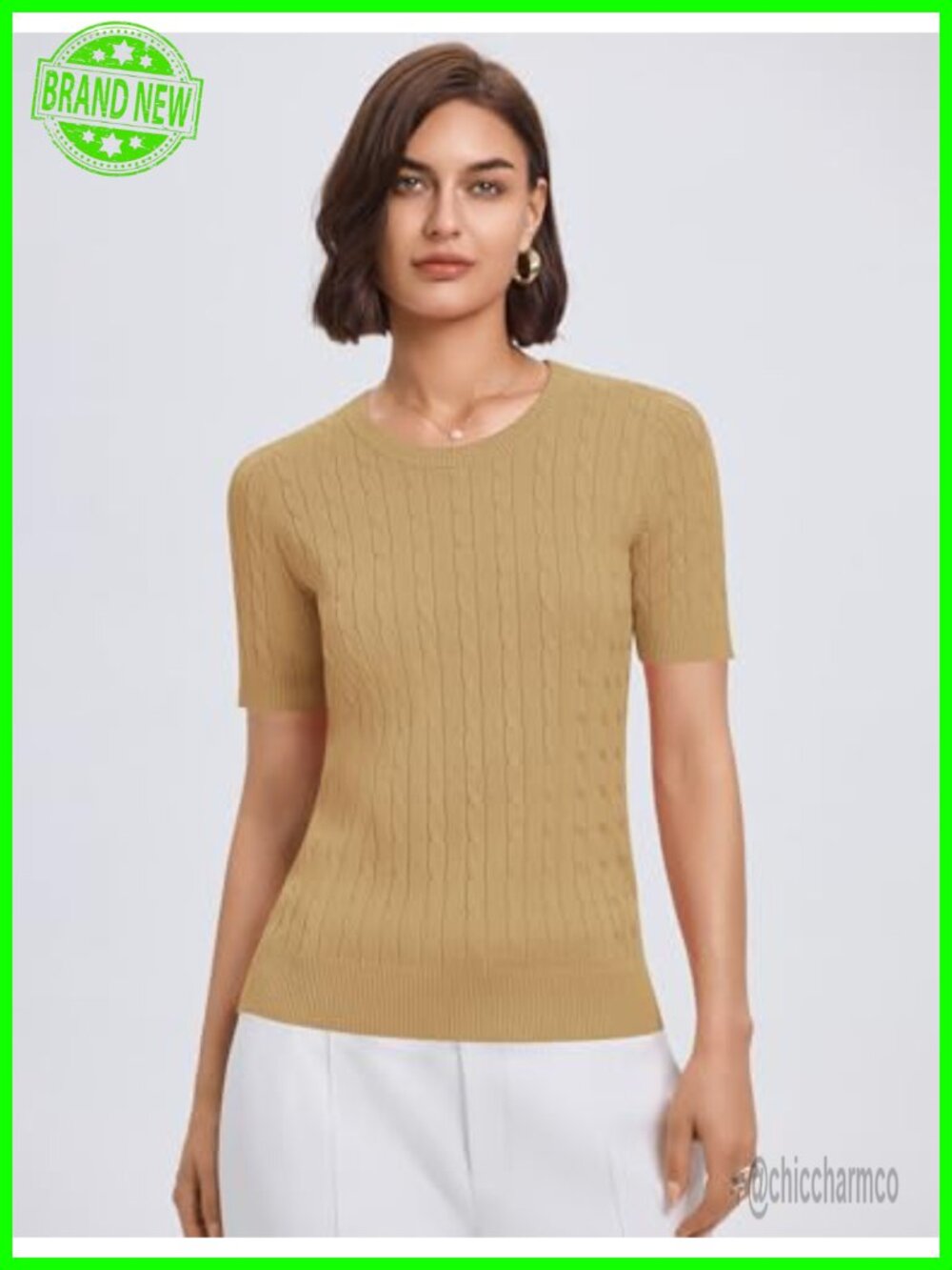Short Sleeve Cable Knit Crewneck Sweater - Soft Lightweight Knit Top - Picture 4 of 7
